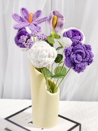 Knitted Flower Bouquet, Crochet Tulip Rose Calla Lily Flowers Bouquet for Mother's Day, Anniversary, Birthday, Home Décor, Gifts for Mom, Grandmother, Teachers, Friends, Purple - color: Purple