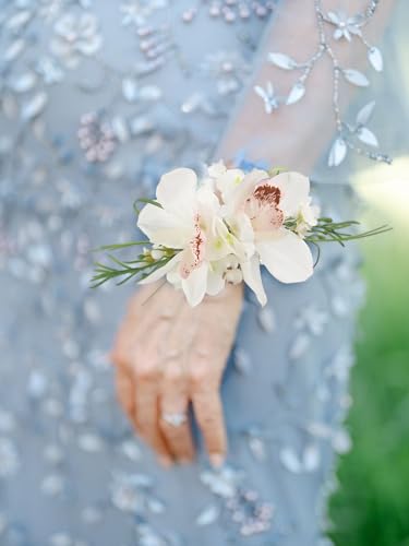 Rinlong 2Pcs White Orchid Wrist Corsage for Wedding, Prom, Homecoming | Bridesmaid Wristlet, Mother of the Bride Flower Corsage - color: 07-boat Orchid