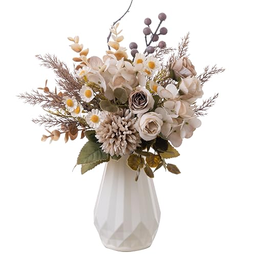 Small Fake Silk Flowers Bouquet with Vase, Faux Centerpieces with Roses, Dandelions, Hydrangea, Daisies, Eucalyptus, Hollyberries - Artificial Floral Arrangements for Home Kitchen Decor - color: Brown With Vase