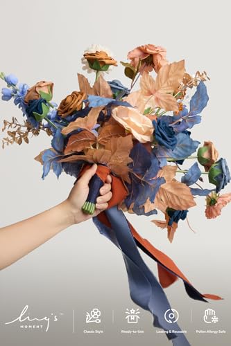 Ling's moment Blue and Orange Wedding Bouquets for Bride, Navy Orange Bridal Bouquets for Bride, 13 Inch Free Form Artificial Wedding Flowers Bouquets - color: Blu-burnt Orange & Navy, size: Small 13 Inch