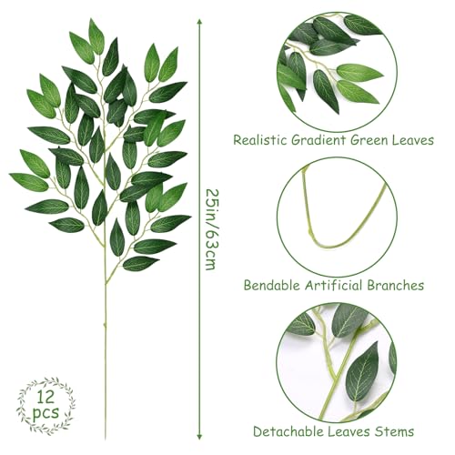 Betylifoy 12Pcs Artificial Italian Ruscus Greenery Stems, 25" Faux Silk Green Leaves Vines Garland Branches Hanging Greenery Spray for Wedding Arch Bouquet Filler Table Centerpieces Home Decor