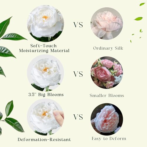 4 Pcs Real Touch Peonies Artificial Flowers, 3.5'' Big Bloom Austin Rose Peony Latex Fake Flower with Stems for Wedding Bouquet Party Valentines Arrangement Home Kitchen (White) - color: White