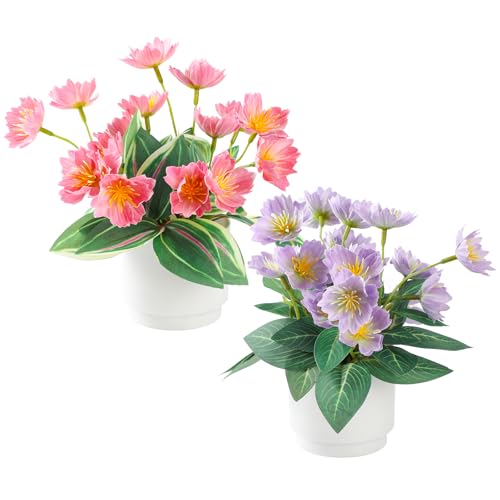 2-Piece Artificial Mums Set & Silk Flowers| Fake Flowers Indoor Planters for Living Room, Bedroom, Bathroom & Office Decor | Boho Style Artificial Plants & Flowers Decor - color: Pale Red