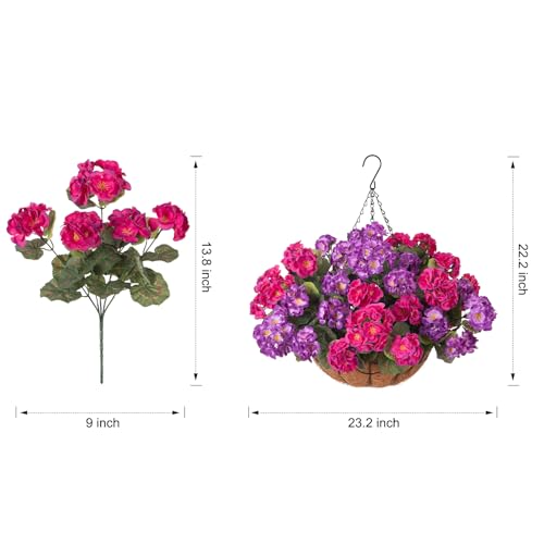 INSPRING Geraniums Artificial Flowers Hanging Basket for Outdoors Outside Spring Decoration, 8 Bundles Silk Flowers Fake Plants Look Real UV Resistant for Porch Home Patio Balcony Yard, Purple Fuchsia - color: Purple Fuchsia
