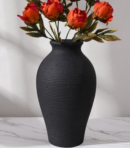 Ceramic Flower Vase Home Decor, 11 in Farmhouse Table Black Vases Rustic Vintage Living Room Kitchen Bedroom Decorations Pottery Decorative Vases for House Shelf Office Coffee Desk Dining Fireplace - color: 11 in - Black