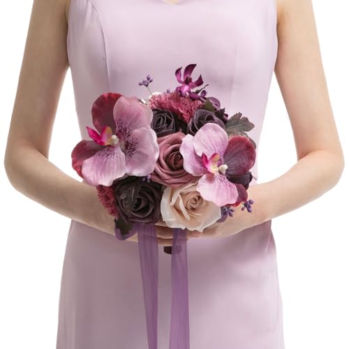 Ling's moment Plum & Purple Artificial Wedding Flower Bouquets for Bridesmaids Floral Bouquet Bridesmaid Bouquets with Ribbon Ceremony Anniversary,7-inch Diameter - color: Deep Plum
