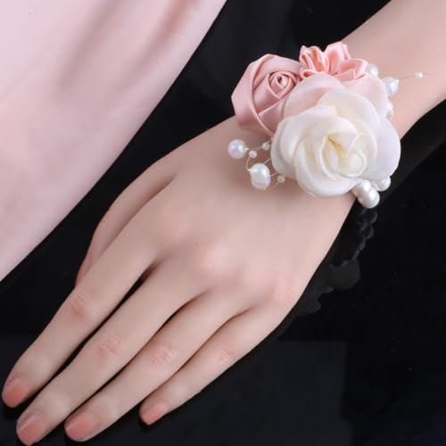 Wedding Prom Party Satin Rose Wrist Corsage Flower, 2Pcs Boutonniere and Wrist Corsage Wristband Roses Prom Flower Wedding Flowers Accessories Prom Suit Decorations (Pink) - color: Pink