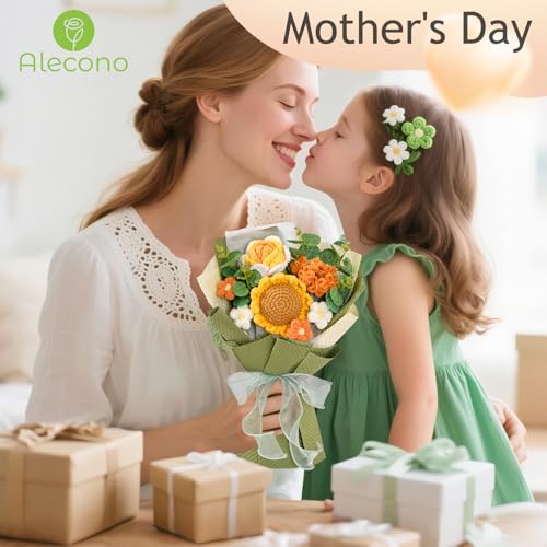 Alecono Crochet Flower Bouquet, Knitted Sunflower Flowers, Green Handmade Bouquet of Flowers for Lover Anniversary Birthday Party Mother's Day Graduation Gifts (Include Card) - color: Green