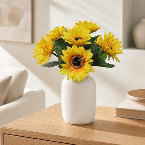 Larksilk 2 Pack 14" Artificial Sunflower Bundle – 6 Stems, Faux Yellow Sunflowers for Vase, Home Décor, Centerpieces, Weddings