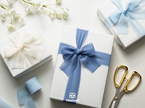 Vitalizart Blue Handmade Chiffon Silk Ribbon Fringe 1.5" x 21 Yd Dusty & Baby Blue Frayed Edges Ribbons for Wedding Invitations Bridal Bouquets Gifts Wrapping Crafts Holiday Party Decorations - color: White & Blue