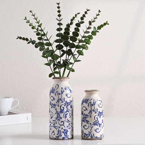 VICTOR & TERESA Blue and White Ceramic Vases Home Decor, Farmhouse Vase for Flowers, Flower Vase Set of 2, Rustic Decorative Vases for Pampas Grass, Table, Living Room, Shelf, Centerpieces, 8 inch - color: Blue and White