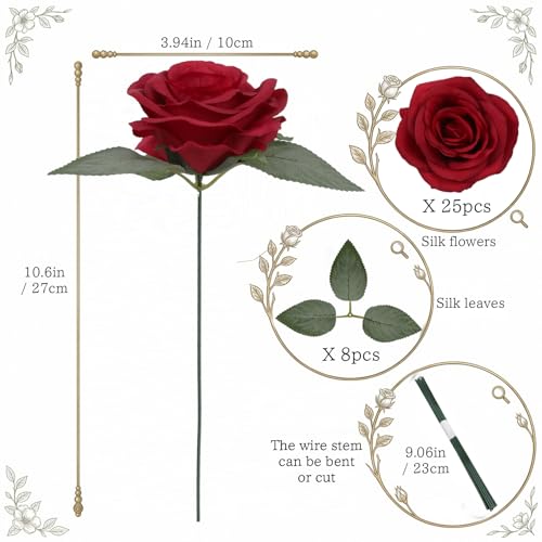 25PCS Burgundy Roses Artificial Flowers 3.94" Large Silk Roses with Stems Real Look Artificial Roses for Wedding Table Centerpieces Arrangement Home Decor(Burgundy) - color: Burgundy