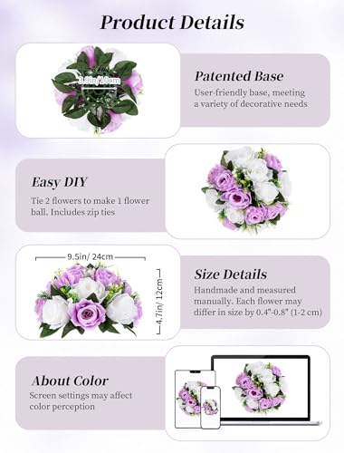 BLOSMON Lilac Flowers Balls for Centerpieces: 10 Pcs Purple White Fake Roses Flower for Wedding Table - Artificial Silk Kissing Bouquet Floral Arrangement Center for Home Party Event Decor | Purple White artificial Floral Arrangement for Wedding - Faux Si