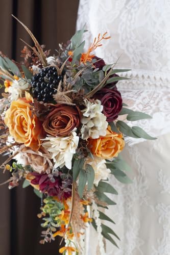 12 Inch Cascade Wedding Bouquets for Bride, Fall Burnt Orange Cascading Bridal Bouquet for Wedding Silk Artificial Flowers - color: Burnt Orange