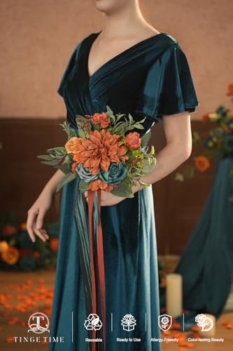 TINGE TIME 7 Inch Wedding Bouquets for Bridesmaid, Set of 4, Artificial Flowers Cascading Bridal Bouquet for Fall Wedding Ceremony Bridal Shower Rustic Vintage Wedding (BurntOrange&DarkTeal) - color: Burnt Orange & Dark Teal