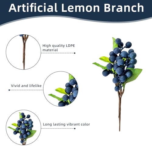 6 Pcs Artificial Blueberry Stems 9.4 Inch Faux Fruit Branches Fake Berries Picks for Vase Fillers Floral Arrangement Kitchen Table Centerpiece Crafts - color: Blue