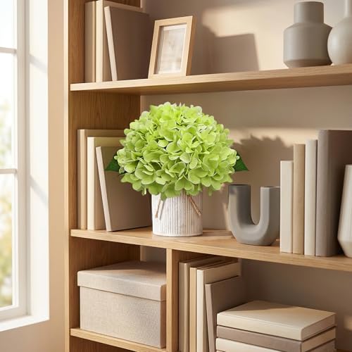 Flower Table Centerpieces - Set of 6 Floral Arrangement Artificial Wedding Hydrangeas Floral Arrangement with Rustic Metal Vase for Bridal Tea Party Event Decorations - Light Green - color: Light Green