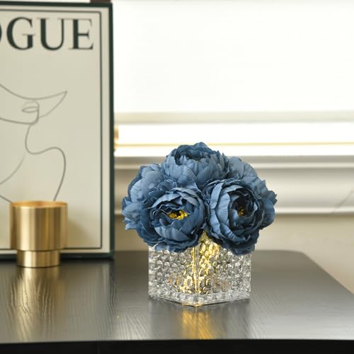 Artificial Peony Silk Flower Centerpieces with LED Light Faux Floral Arrangement in Glass Vase for Home Wedding Table Decoration (Dusty Blue) - color: Light-dusty Blue