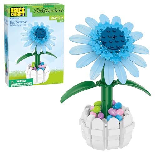 Brickcraft Bricktanicals Blue Sunflower in Picket Fence Pot Brick Building Set, 213 Piece Botanical Flower Model, Ages 8 Plus, Collectible Easter Display Set, Spring Gift for Kids and Adults - style: Blue Sunflower Spring