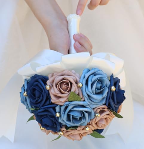 Handmade Wedding Bouquet Artificial PE Rose Bridal Bridesmaid Bouquet with Soft Ribbons Wedding Hand Holding Bouquet Artificial Fake Flowers Toss Bouquet(B-Blue & Navy Blue & Pink, 7.9"/20cm) - color: B-blue & Navy Blue & Pink, size: 7.9"/20cm