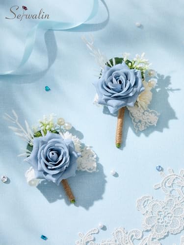 Serwalin 2 Pcs Blue Boutonniere for Men, Groom Groomsmen Best Man Guest Boutonnieres，Artificial Flowers Silk Rose for Wedding Prom Ceremony Anniversary Party Homecoming - color: Blue, size: Boutonniere 2pcs