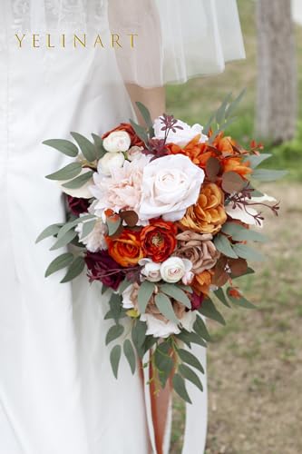 10 Inch Terracotta Wedding Bouquets for Bride Artificial Roses Flower Cascading Cascade Bridal Bouquet for Rustic Boho Fall Vintage Wedding Ceremony Party and Anniversary - color: Terracotta