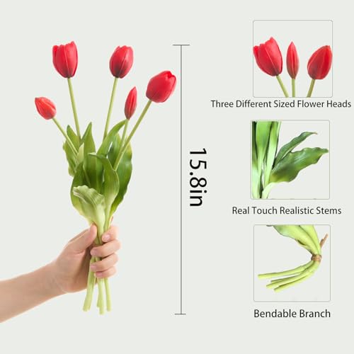 15 Pcs Hot Red Tulips Artificial Flowers Faux Tulips Real Touch Latex Fake Flower Bouquet for Spring Wedding Home Décor Centerpiece Arrangements - color: Hot Red
