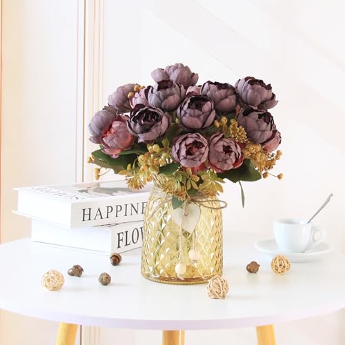 Faux Flowers in Vase, Fake Flowers in Vase 21 Pcs Faux Peony Flowers, Artificial Flowers for Home Decor, Indoor Centerpiece for Living Room & Dining Table - Purple Red - color: Purple Red Peony