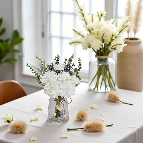 Dahlia Bouquet Mixed Eucalyptus Greenery Indoor Wedding Table Vase Decor | Realistic Silk Fake Floral Arrangement, Farmhouse Table Centerpiece for Kitchen Wedding Bridal Vase Home Indoor Decorations - color: White