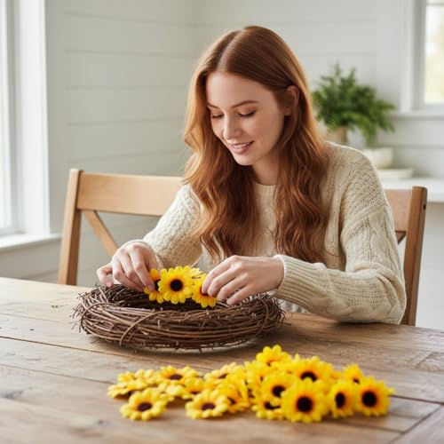 100Pcs Yellow Fashion Artificial Flower Heads Mini Fake Sunflower Decorative Fabric Flowers Craft Floral Embellishments for Wreaths Wedding Artificial Flowers