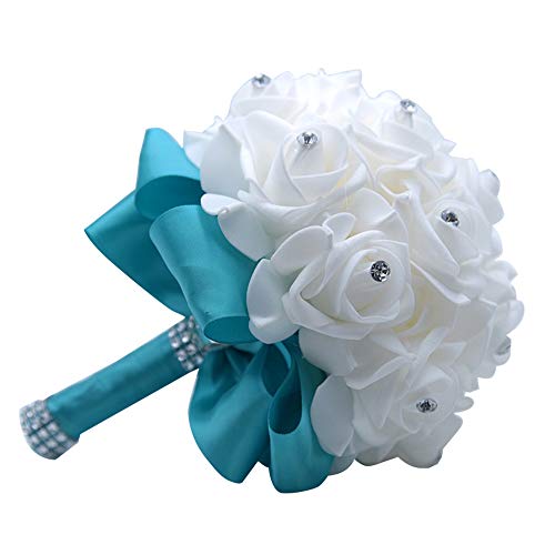 MOJUN Wedding Bouquets Crystal PE Roses Bridal Bridesmaid Wedding Hand Holding Bouquet Artificial Fake Flowers Toss Bouquet, Lake Blue - color: Lake Blue