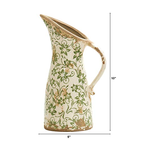 Nearly Natural 10in. Tuscan Ceramic Pitcher Vase, Green Scroll Design, Decorative Flower Vase for Home Decor, Living Room, Mantel & Entryway