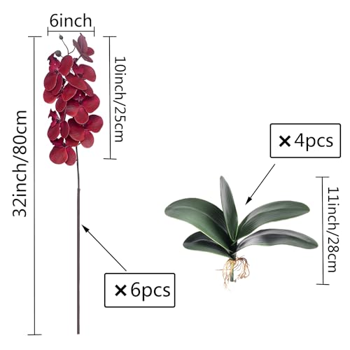 FagusHome 6 Pcs Artificial Phalaenopsis Flowers with 4 Bundles Leaves Artificial Orchid Flowers Stem Plants for Home Décor (Red), FH146