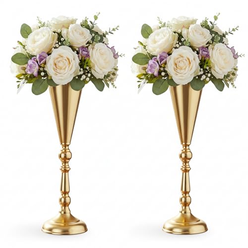 Tabletop Flower Vases for Centerpiece: 16.7in Metal Wedding Flower Gold Vases, 2pcs of Trumpet Vases for Christmas Anniversary Birthday Party Home Decoration Flower Arrangement - color: Gold, size: 2xL