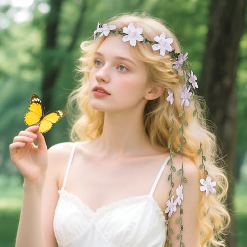 Fairy Pink Flower Headpiece, Artificial Boho Daisy Floral Headband, Forest Woodland Vine Flower Crown for Women Bridal Wedding Renaissance Party Cosplay Costume Hair Accessories - color: Pink