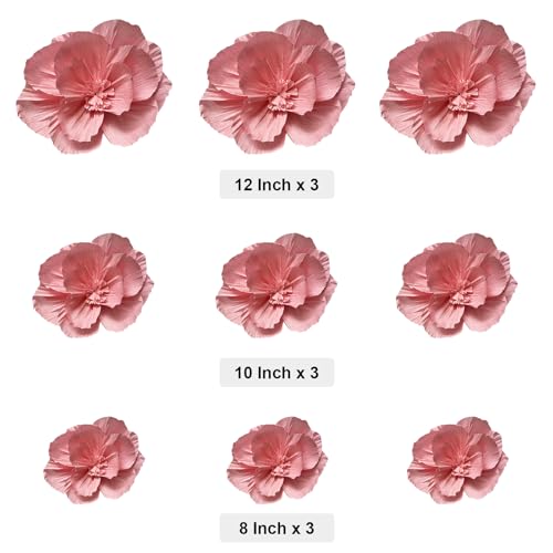 BRT Bearingshui Crepe Paper Flowers Decoration for Wall Total 9 Pcs, Artificial Flowers for Wedding Decor,Flower Backdrop Decor, Baby Bridal Shower Birthday Party, Pink 3D Wall Flowers Decor - color: Pink
