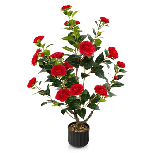 DREAMADE Artificial Camellia Tree, 38” Tall Potted Plant Artificial Decoration w/Cement Pot, 24 Flowers, Decorative Bonsai, Faux Plant Greenery for Indoor Living Room Office Dining Room Bedroom - color: Red