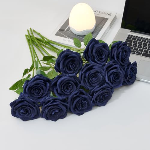 100 Pcs Fake Navy Blue Roses, Artificial Navy Flowers Bulk Realistic Silk Faux Roses with Stems for Wedding Table Centerpieces Bridal Bouquet DIY Floral Arrangement Event Party Home - color: Navyblue