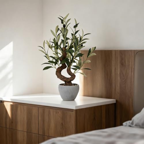 TOARTi Artificial Olive Tree Potted Plant with Stone Pot, 10" Tall Japanese Bonsai Tree Faux Plants Desk Plant, Realistic Greenery Decor for for Home Bedroom Bathroom Office Desk - color: Olive-single Stem Small Arc 10''