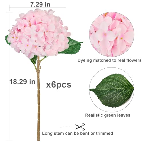 6PCS Pink Hydrangea Artificial Flowers, Bulk Silk Fake Flower with Stems, Faux Hydrangeas Bouquets for Home Décor, Wedding, and Office Table Centerpieces. - color: Pink