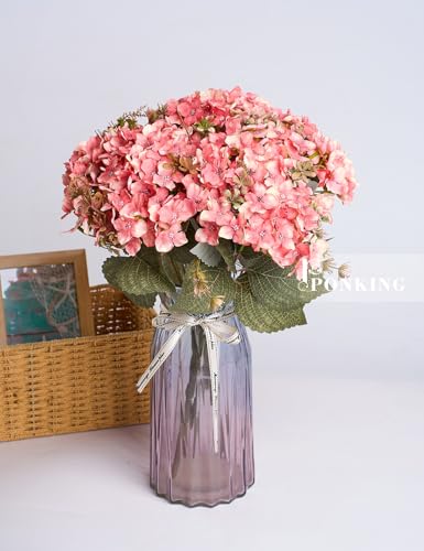 PONKING Hydrangea Artificial Flower 3pcs Realistic Faux Silk Hydrangeas Fake Flowers Bouquets Arrangements Decor for Wedding Spring Mother's Day, Home Table Decorations, Sunset Pink Flower - color: E 3pcs Sunset Pink Hydrangea
