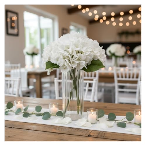 Artificial Hydrangea with Ribbed Glass Vase, 4 Stems, 12" | Real Touch Latex Faux Flowers, 10" Bloom Dia, Maintenance Free, for Table Centerpiece, Home Wedding Office Decor
