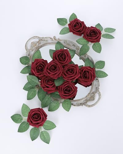 DuHouse 50Pcs Artificial Roses Flowers Fake Roses with Stems Real Touch Foam Flowers for DIY Wedding Bouquet Baby Shower Centerpiece Floral Arrangement Party Home Decor (Burgundy) - color: Burgundy, size: 50pcs