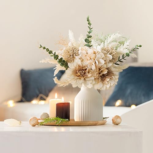 Mkono Small Artificial Flowers in Ceramic Vase Centerpieces Coffee Table Decor, Silk Flower Arrangements for Home Decor Indoor Fake Flower Bouquet for Bathroom Dining Room Kitchen (Brown, Medium) - color: Brown, size: Medium
