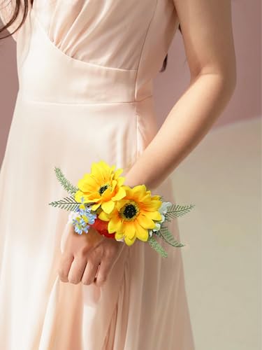 Rinlong 2Pcs Sunflower Wrist Corsage for Wedding, Prom, Homecoming | Bridesmaid, Mother of the Bride Corsage - color: 14-sunflowers