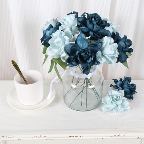 IPOPU 25PCS Artificial Gardenia Flowers 3.15’’ Dusty Blue Shades Fake Flower Heads Foam Roses with Stems for DIY Wedding Bouquets Party Home Centerpieces Decor(Dusty Blue Shades) - color: Dusty Blue Shades