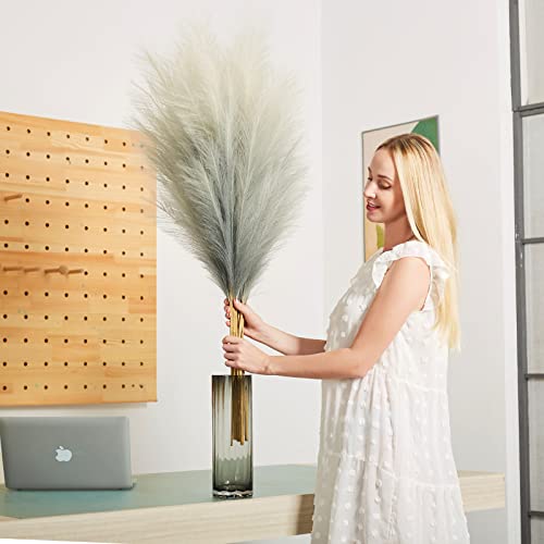 Faux Pampas Grass Decor, 6 Stems Artificial Pampas Grass - 43 inch Tall Pompass Grass Large Pompous Boho Flower Arrangement Home Decor for Room Wedding Party - color: Gradient-grey