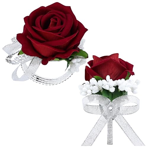 2Pcs Red Rose Corsage and Men Boutonniere Set Women Wristlet Band Wrist Bracelets, for Prom Wedding Ceremony Flowers Decorations and Homecoming Party Accessories - color: Red, size: 1 Boutonniere & 1 Wrist Corsage