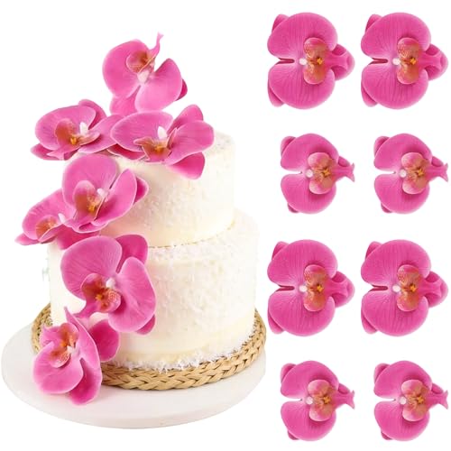8PCS Artificial Phalaenopsis Cake Toppers Rose Red Butterfly Orchid 3D Flowers Cake Decorations for Floral Wedding Bridal Engagement Women Birthday Mother's Day Party Decoration Supplies - color: Rose Red