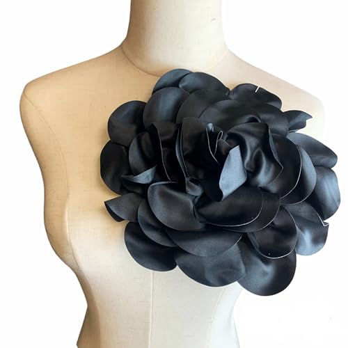 Heyiwell Large Satin Fabric flower for Brooch Pin Wedding Party Dance Dress Suit Clothes Head Hair Accessories DIY Decor 9.45"Inch - color: Black